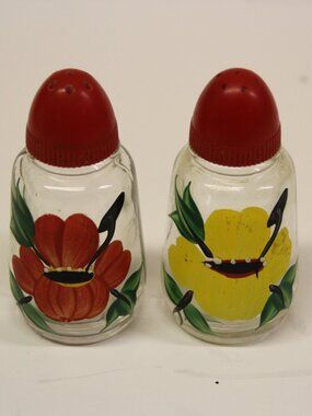 Vintage Hazel Atlas Hand Painted Floral Glass Salt Pepper Shakers Red Top Pair